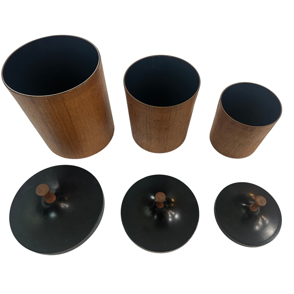Vintage MCM Wood Grain Canister Set 3 Piece Black Lids Kitchen Storage